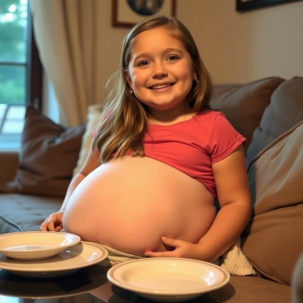 A girl with a stuffed belly, looking satisfied and happy