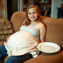 A girl with a stuffed belly, looking satisfied and happy