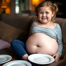 A girl with a stuffed belly, looking satisfied and happy