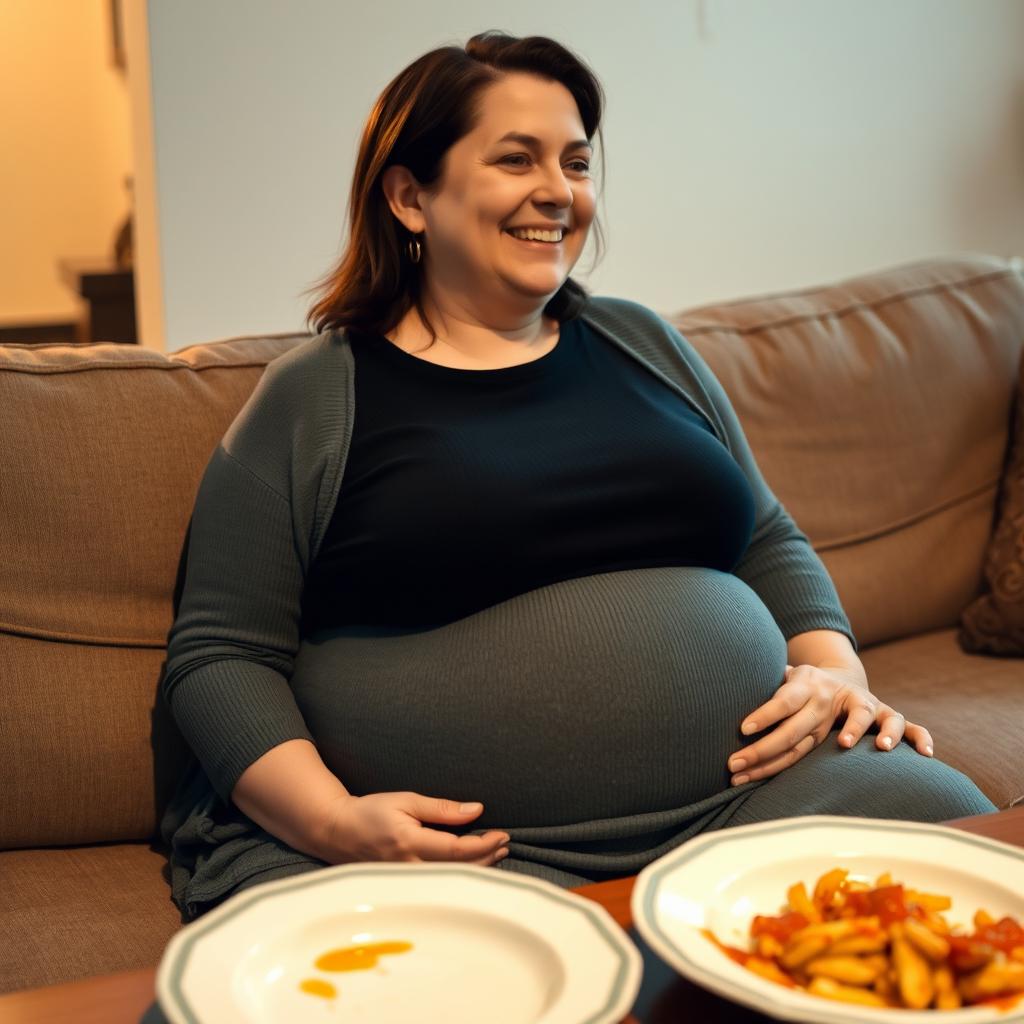 An adult woman with a stuffed belly, looking satisfied and happy