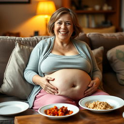 An adult woman with a stuffed belly, looking satisfied and happy