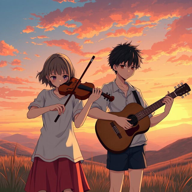 A manga-style girl playing the violin with a serious expression, alongside a manga-style boy playing the guitar with equal intensity, set in a valley at sunset