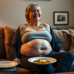 An adult woman with a stuffed belly, looking satisfied and happy