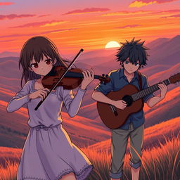 A manga-style girl playing the violin with a serious expression, alongside a manga-style boy playing the guitar with equal intensity, set in a valley at sunset