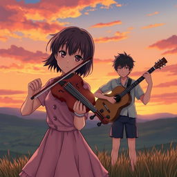 A manga-style girl playing the violin with a serious expression, alongside a manga-style boy playing the guitar with equal intensity, set in a valley at sunset