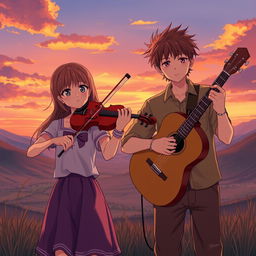 A manga-style girl playing the violin with a serious expression, alongside a manga-style boy playing the guitar with equal intensity, set in a valley at sunset