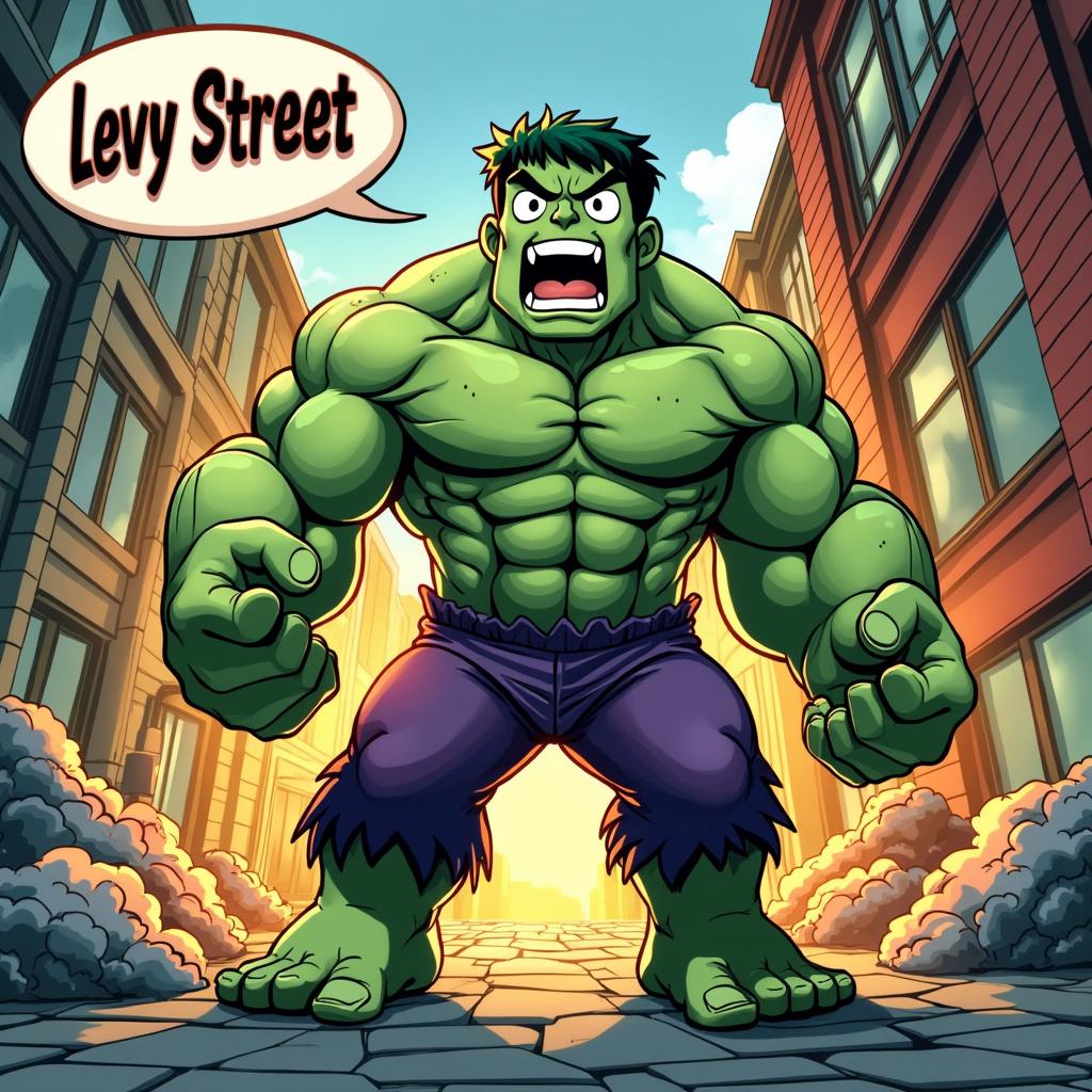 A kawaii anime-style depiction of The Hulk in an intense manga scene with a big speech bubble that says 'Levy Street'