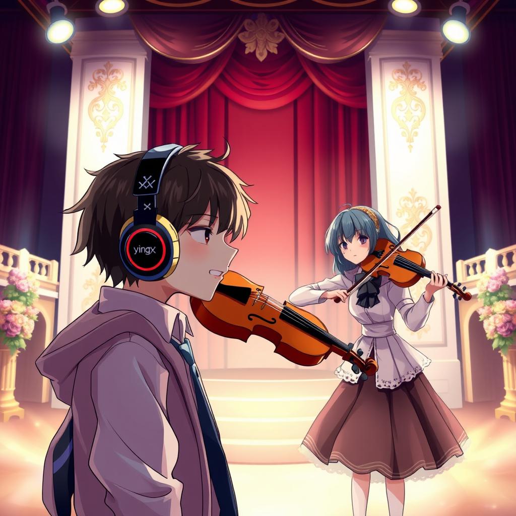 A manga-style boy with headphones that say 'yingXX' and a manga-style girl playing the violin on a beautiful stage