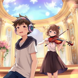 A manga-style boy with headphones that say 'yingXX' and a manga-style girl playing the violin on a beautiful stage