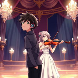 A manga-style boy with headphones that say 'yingXX' and a manga-style girl playing the violin on a beautiful stage