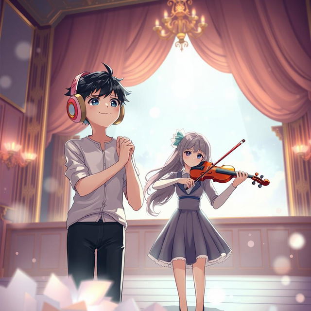 A manga-style boy with headphones that say 'yingXX' and a manga-style girl playing the violin on a beautiful stage