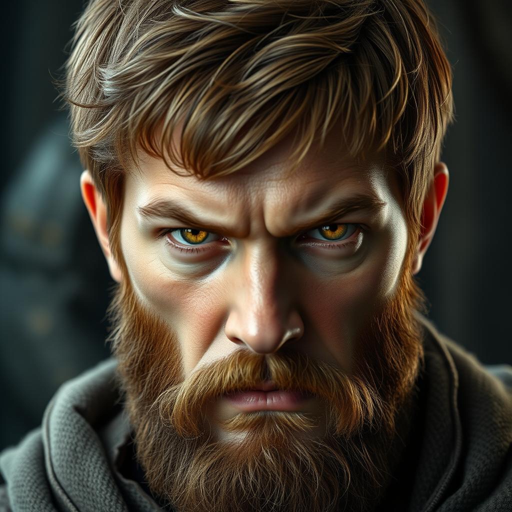 A highly detailed portrait of an angry 20-year-old man with very short hazel hair and a hazel beard