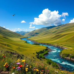 A beautiful landscape with rolling hills, a clear blue sky, and a sparkling river flowing through a lush green valley