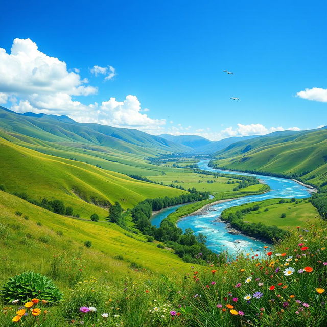 A beautiful landscape with rolling hills, a clear blue sky, and a sparkling river flowing through a lush green valley