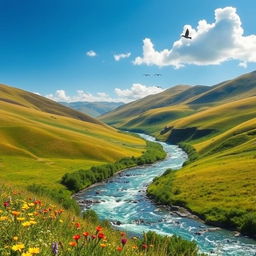 A beautiful landscape with rolling hills, a clear blue sky, and a sparkling river flowing through a lush green valley