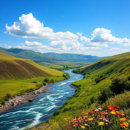 A beautiful landscape with rolling hills, a clear blue sky, and a sparkling river flowing through a lush green valley