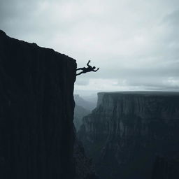 A dramatic scene featuring a cliff with the silhouette of a man falling from it