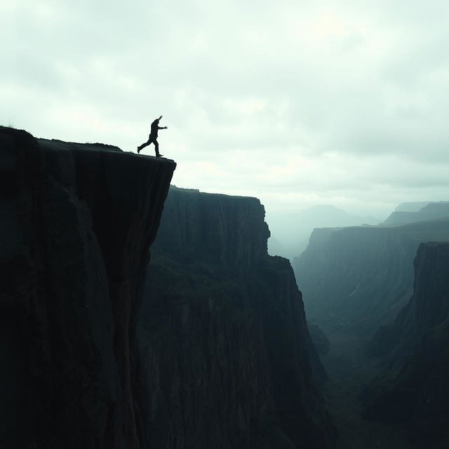 A dramatic scene featuring a cliff with the silhouette of a man falling from it