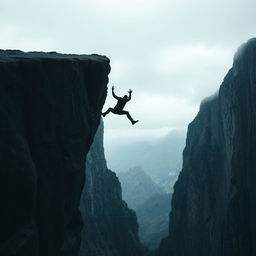 A dramatic scene featuring a cliff with the silhouette of a man falling from it