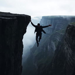 A dramatic scene featuring a cliff with the silhouette of a man falling from it