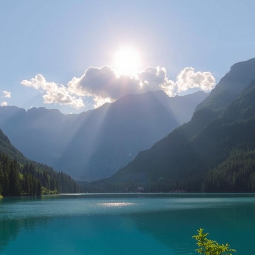 A beautiful landscape featuring a serene lake surrounded by lush greenery and mountains in the background