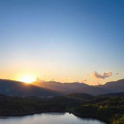 A beautiful landscape featuring a serene lake surrounded by lush greenery and mountains in the background