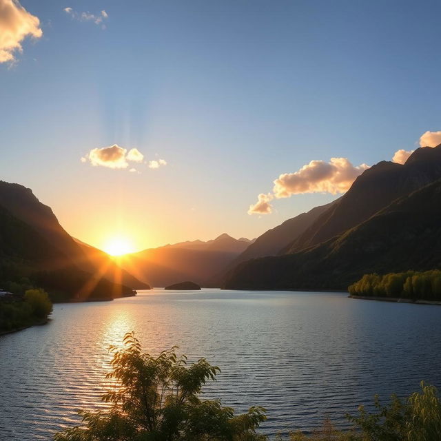 A beautiful landscape featuring a serene lake surrounded by lush greenery and mountains in the background