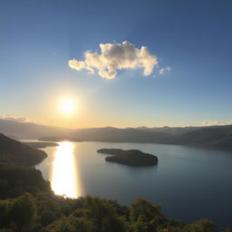 A beautiful landscape featuring a serene lake surrounded by lush greenery and mountains in the background