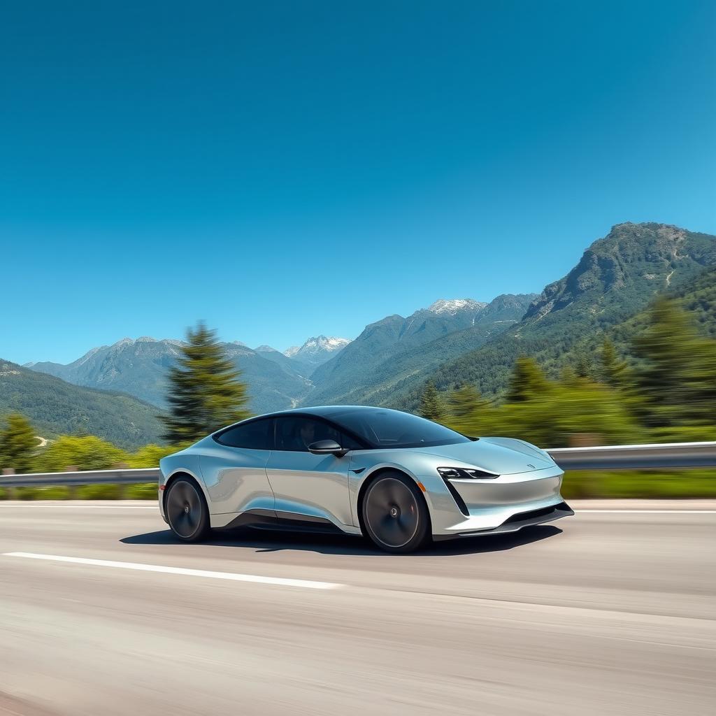 A sleek and modern electric car driving on a scenic highway with mountains in the background