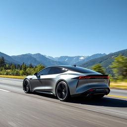 A sleek and modern electric car driving on a scenic highway with mountains in the background