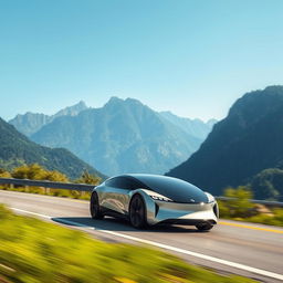 A sleek and modern electric car driving on a scenic highway with mountains in the background