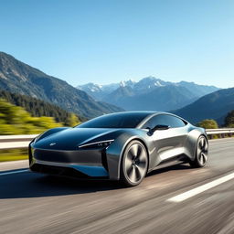 A sleek and modern electric car driving on a scenic highway with mountains in the background