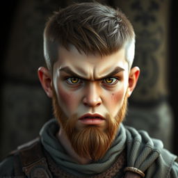 A highly detailed and realistic portrait of an angry young human boy with a buzzcut hairstyle, hazel-colored hair, a short hazel beard, and yellow eyes