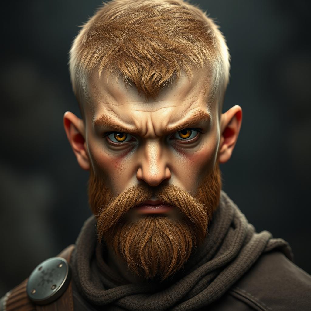 A highly detailed and realistic portrait of an angry young human boy with a buzzcut hairstyle, hazel-colored hair, a short hazel beard, and yellow eyes