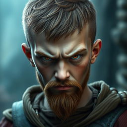 A highly detailed and realistic portrait of an angry young human boy with a buzzcut hairstyle, hazel-colored hair, a short hazel beard, and yellow eyes