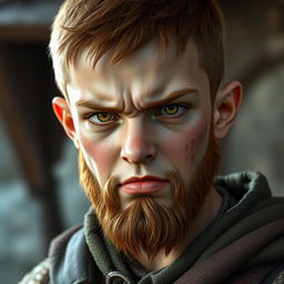 A highly detailed and realistic portrait of an angry young human boy with a buzzcut hairstyle, hazel-colored hair, a short hazel beard, and yellow eyes