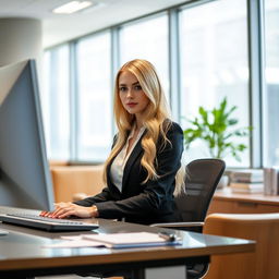 A blonde Russian girl sitting in an office, working at a desk with a computer