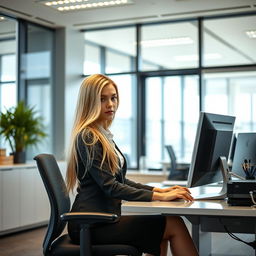 A blonde Russian girl sitting in an office, working at a desk with a computer