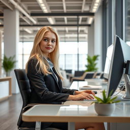 A blonde Russian girl sitting in an office, working at a desk with a computer