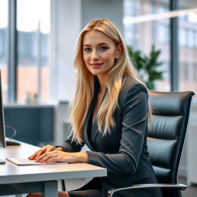 A blonde Russian girl sitting in an office, working at a desk with a computer