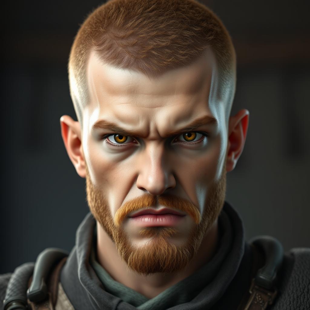 A highly detailed and realistic portrait of an angry young human man with a buzzcut hairstyle, hazel-colored hair, a short hazel beard, and yellow eyes