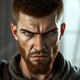 A highly detailed and realistic portrait of an angry young human man with a buzzcut hairstyle, hazel-colored hair, a short hazel beard, and yellow eyes