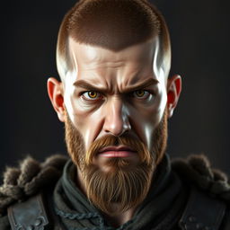 A highly detailed and realistic portrait of an angry young human man with a buzzcut hairstyle, hazel-colored hair, a short hazel beard, and yellow eyes