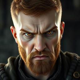 A highly detailed and realistic portrait of an angry young human man with a buzzcut hairstyle, hazel-colored hair, a short hazel beard, and yellow eyes