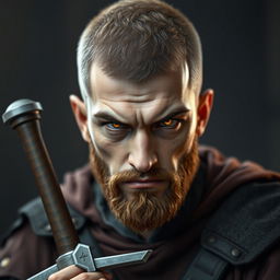 A highly detailed and realistic portrait of an angry young human man with a buzzcut hairstyle, hazel-colored hair, a short hazel beard, and yellow eyes