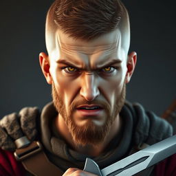 A highly detailed and realistic portrait of an angry young human man with a buzzcut hairstyle, hazel-colored hair, a short hazel beard, and yellow eyes