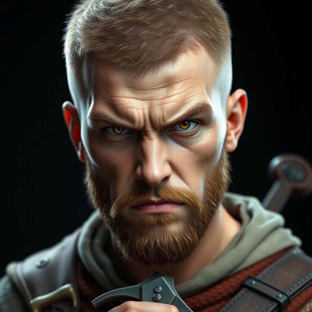 A highly detailed and realistic portrait of an angry young human man with a buzzcut hairstyle, hazel-colored hair, a short hazel beard, and yellow eyes