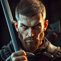 A highly detailed and realistic portrait of an angry young human man with a buzzcut hairstyle, hazel-colored hair, a short hazel beard, and yellow eyes