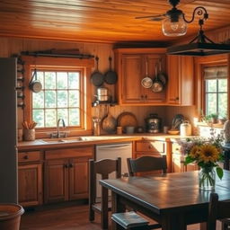 A cozy kitchen scene with a warm and inviting atmosphere