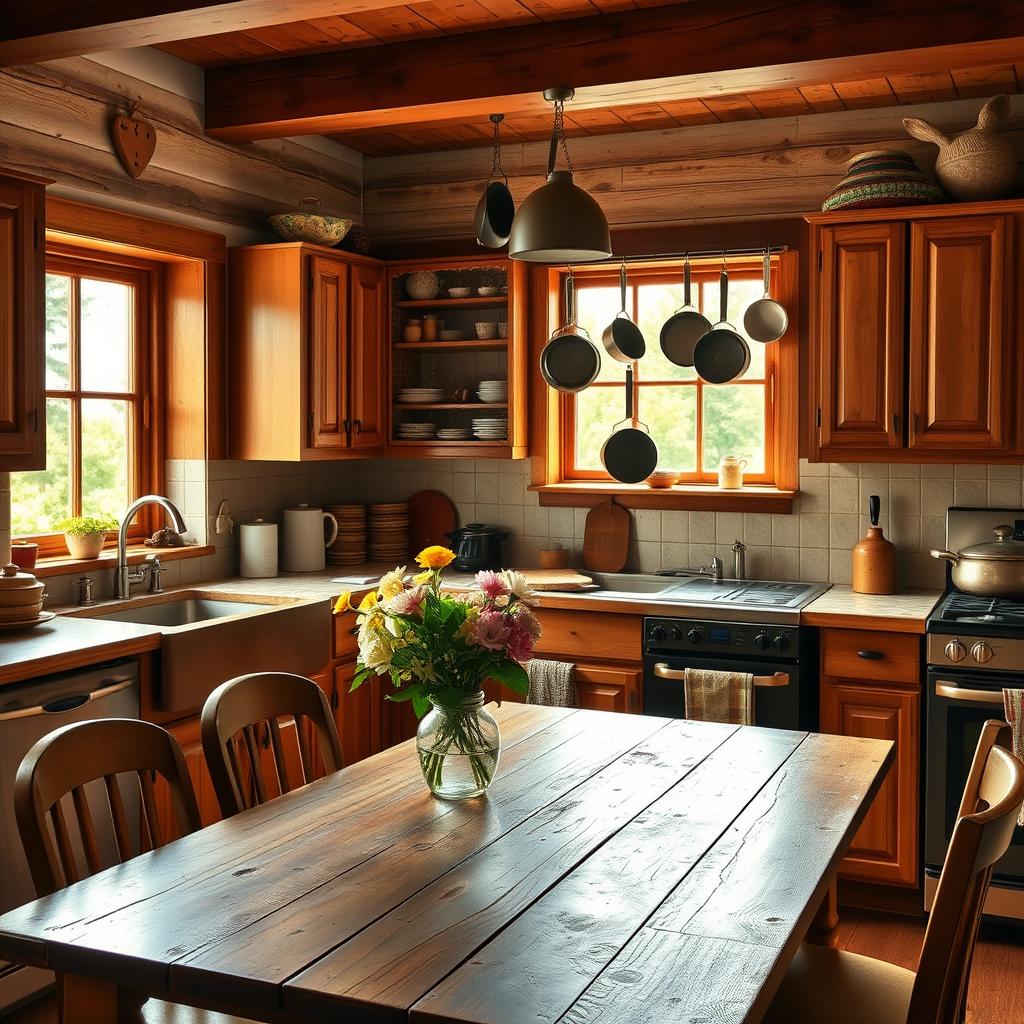 A cozy kitchen scene with a warm and inviting atmosphere